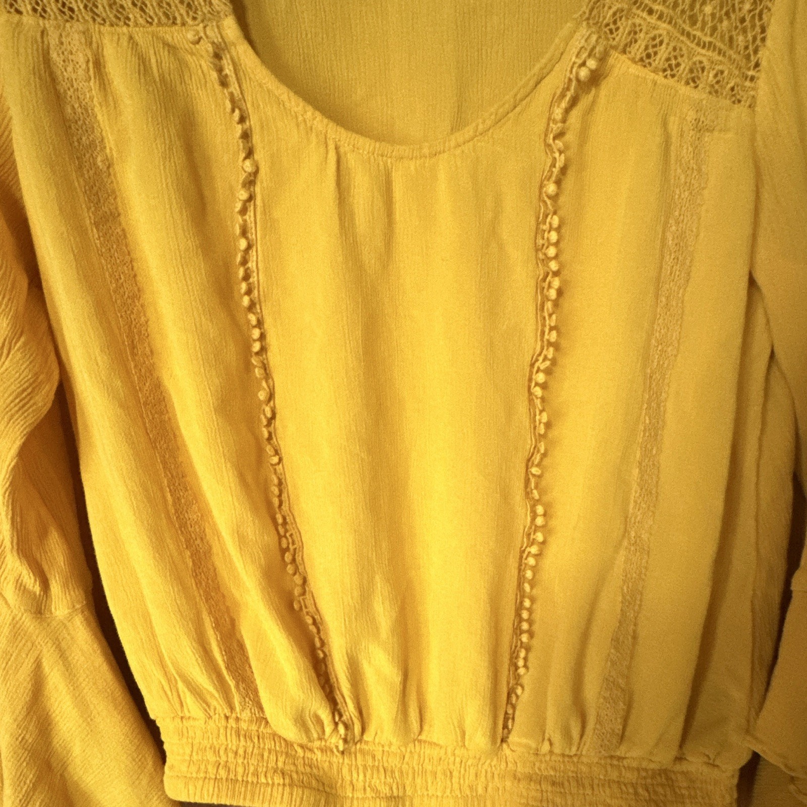 Express XS Yellow Solid Woven Lace Yoke Scoop Neck Long Bell Sleeve Blouse