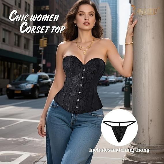Women’s Corset Tops XS Overbust Bustier Lace Up Jacquard Lingerie Black