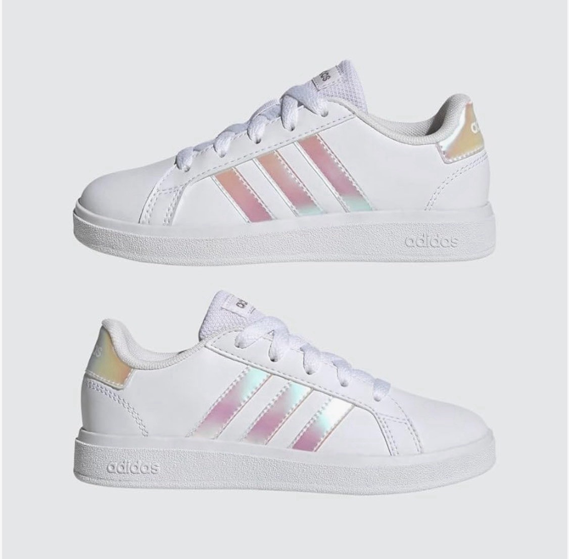 Size 7Y – Adidas Grand Court 2.0 Kids White Iridescent Reflective Logo Sneakers