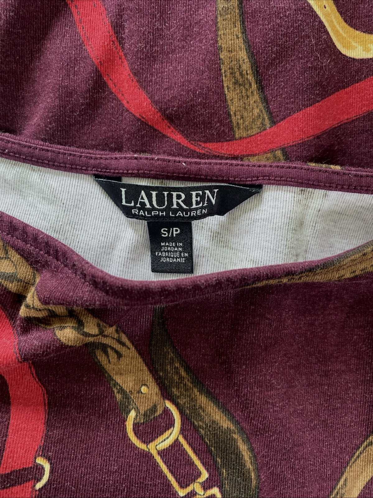 LAUREN RALPH LAUREN Equestrian Bridles Top Burgundy Cotton Stretch Knit Sz S