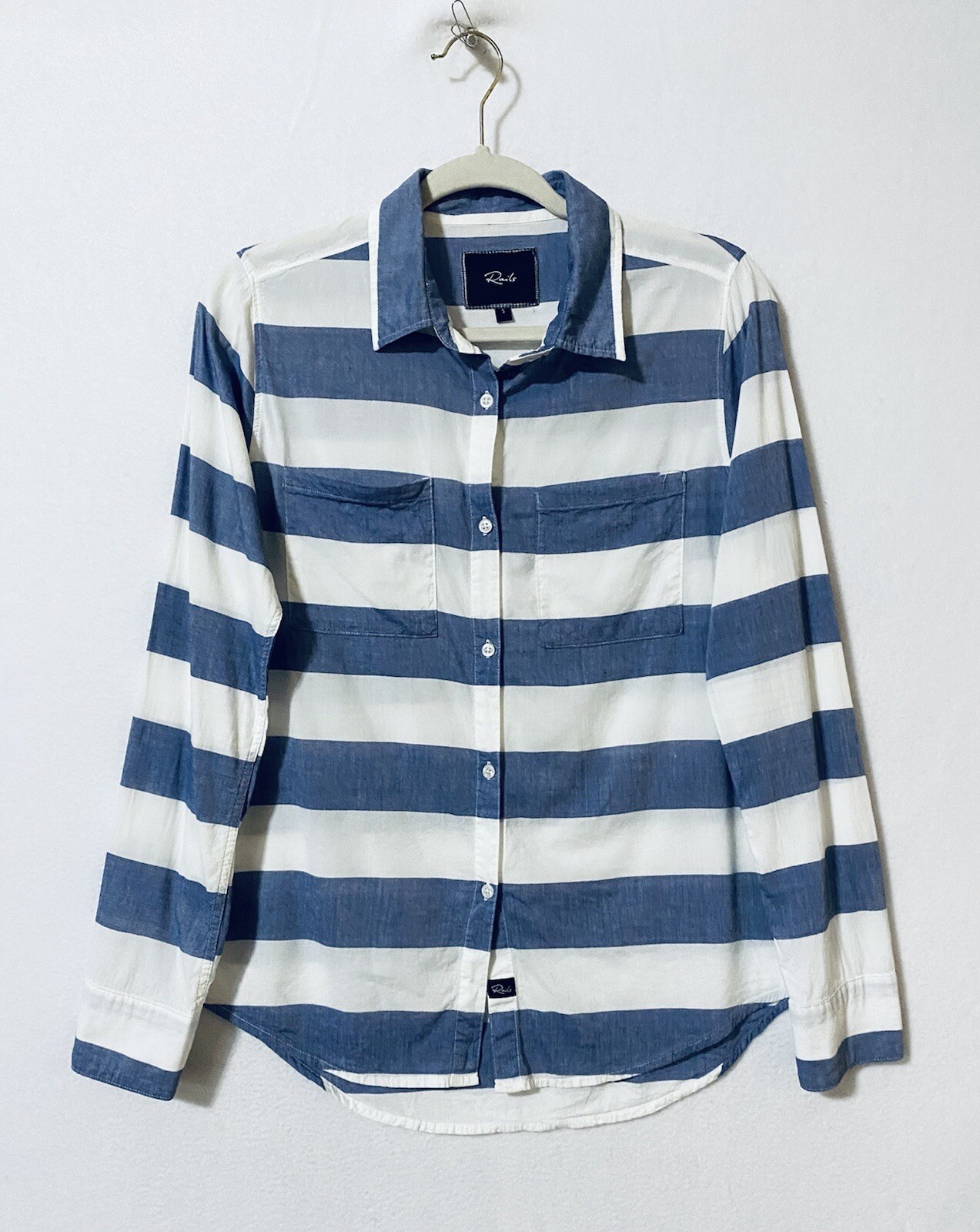 Rails Womens Small Striped Button Up Top Blue White Long Sleeve Lightweight