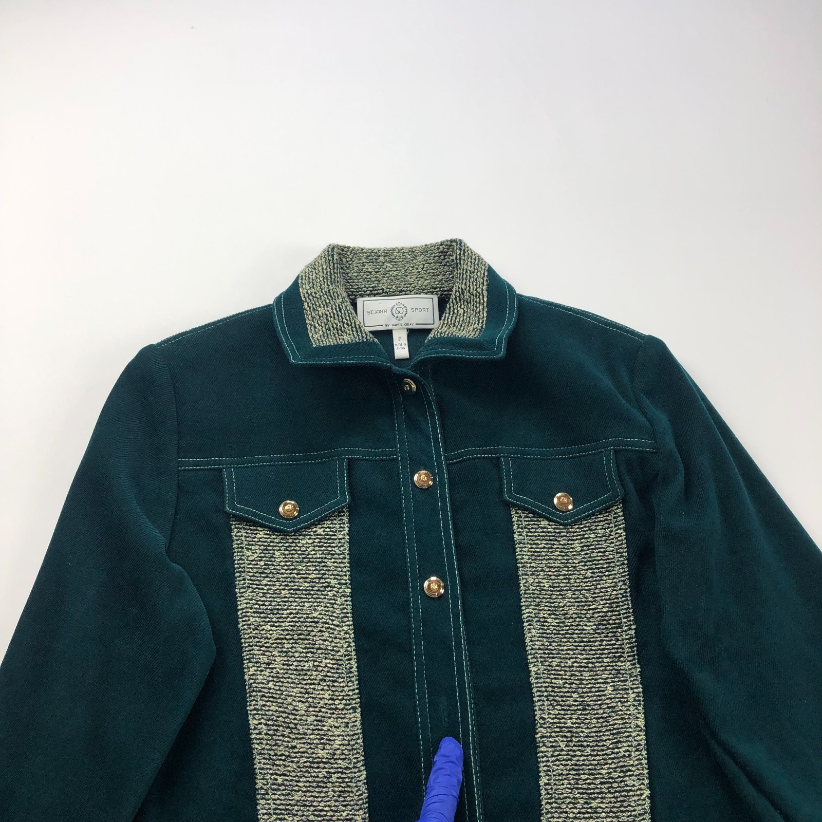 St. John Sport Marie Gray Size P Petite Button Blazer Jacket Dark Green PLS READ