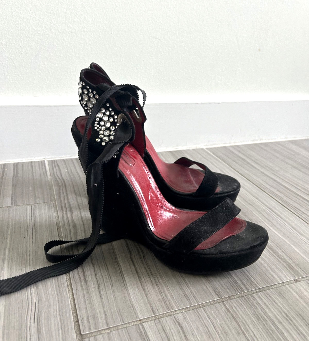 Cesare Paciotti Platform Heels Women Black Suede Rhinestone Ankle Wrap Sandals