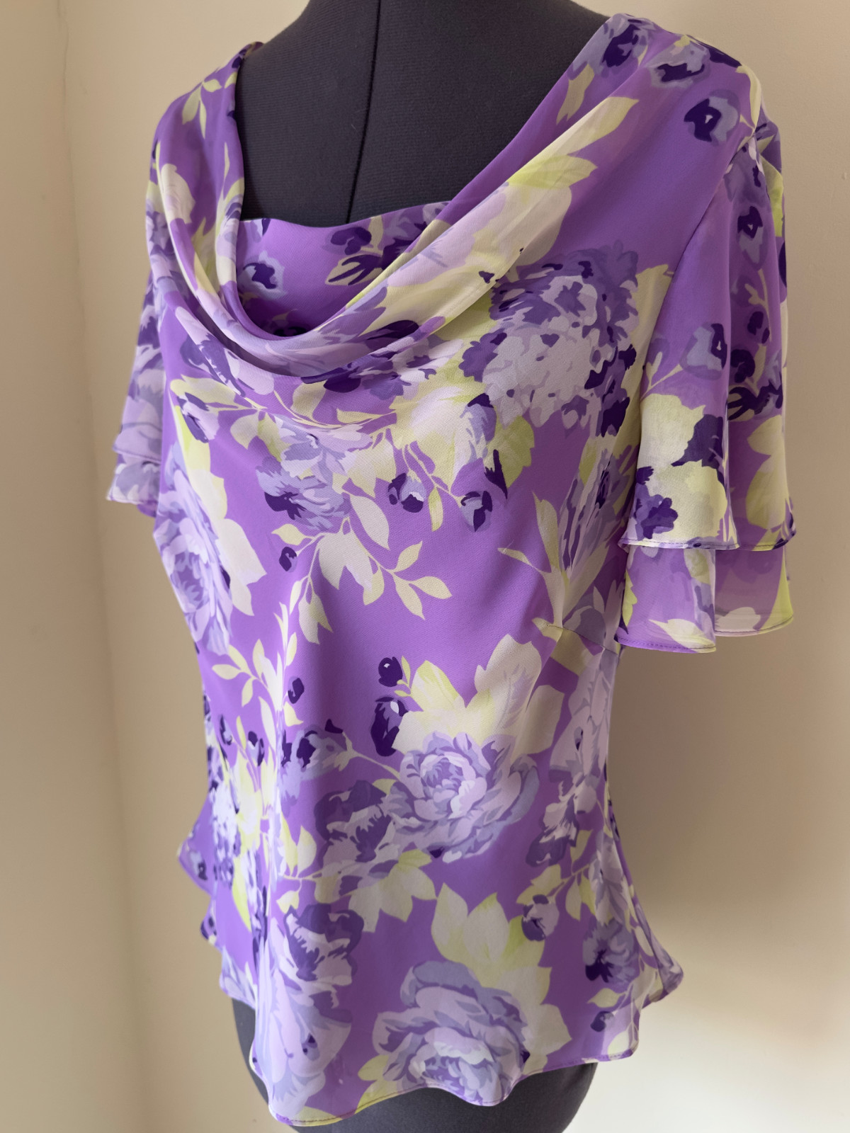 Jacques Vert Blouse Womens UK16 Purple Floral Print Drape Cowl Neck Cottagecore