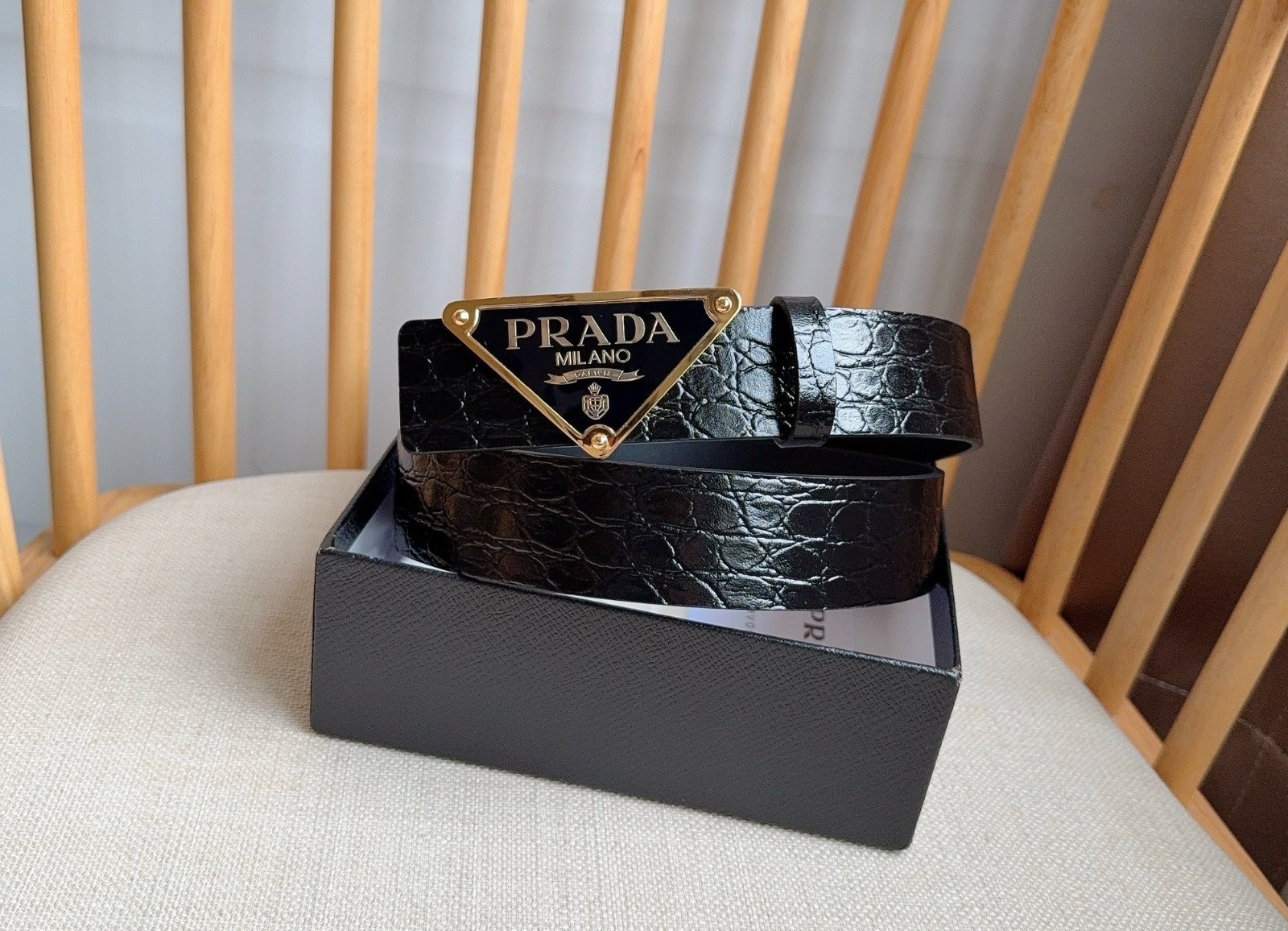 Prada men’s black-button black leather belt
