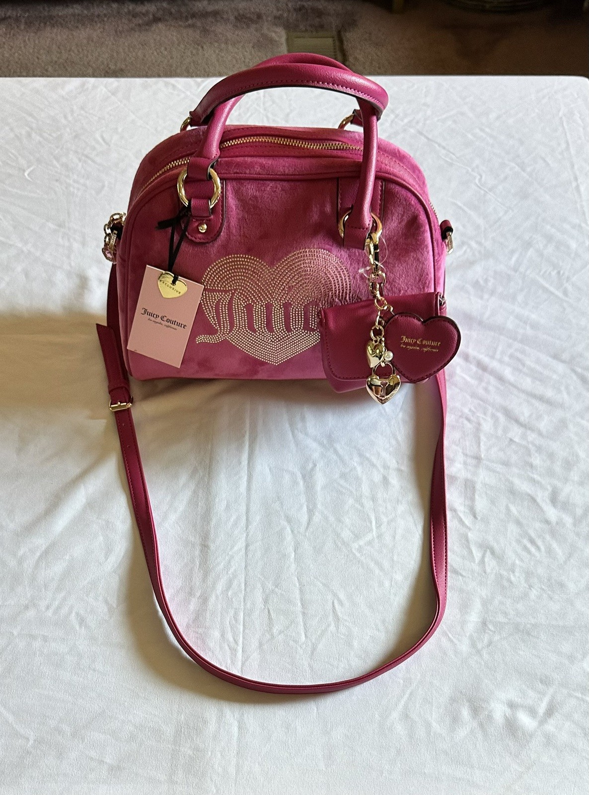 JUICY COUTURE QUEEN COUTURE SATCHEL BAG W/ MINI COIN BAG CHARMS RASPBERRY TART