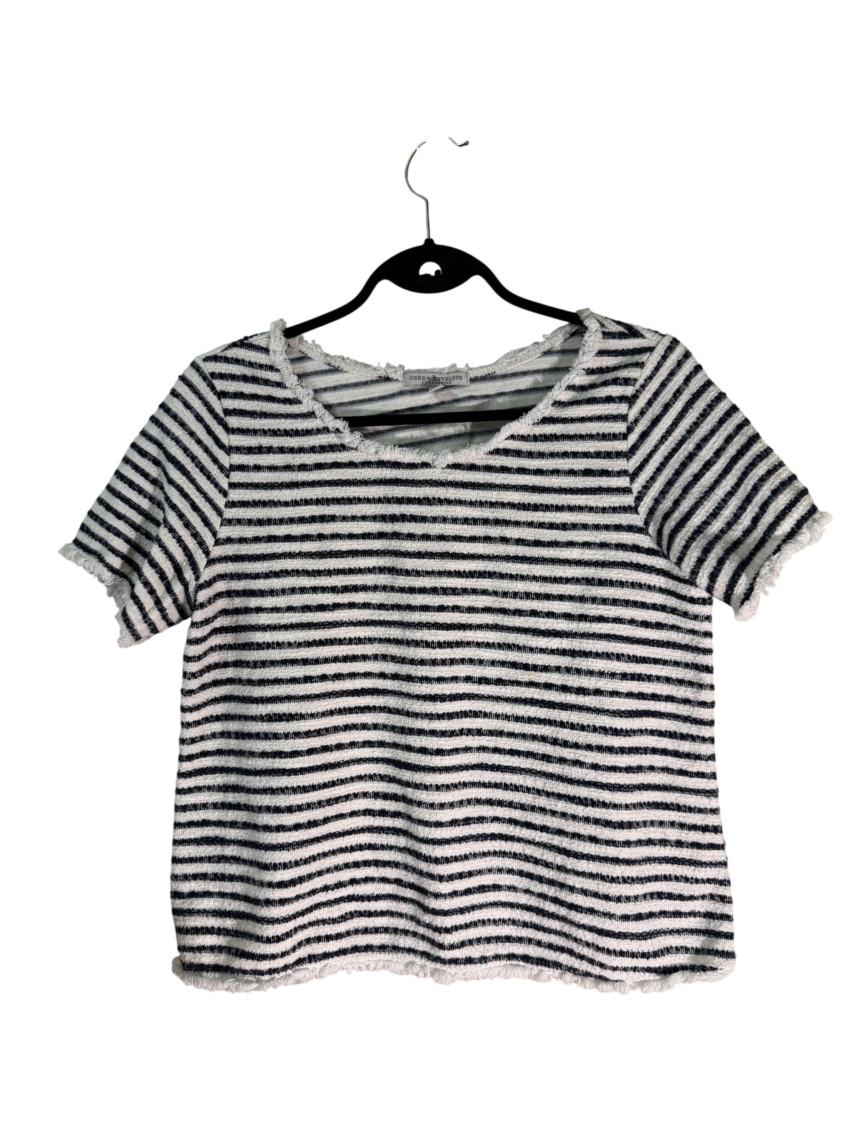 Green Envelope Sweater Womens L White Navy Striped Short Sleeve Fringe Pullover