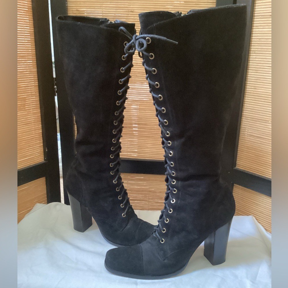 Jessica Bennett J Dinger Suede Lace-Up Boots 7 EUC black chunky heel