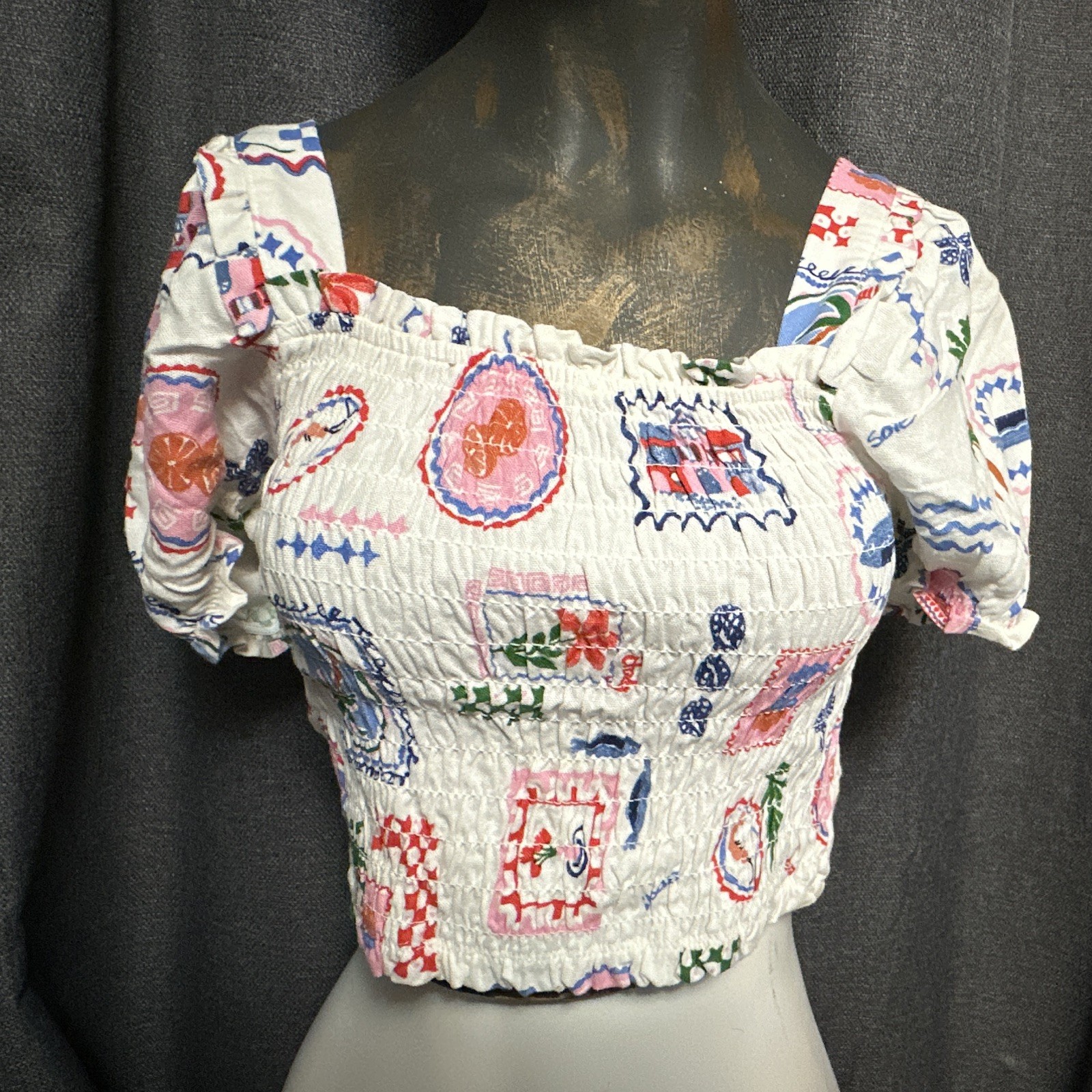 Monteau Los Angeles White Multicolor Geometric Square Neck Puff Crop Top S