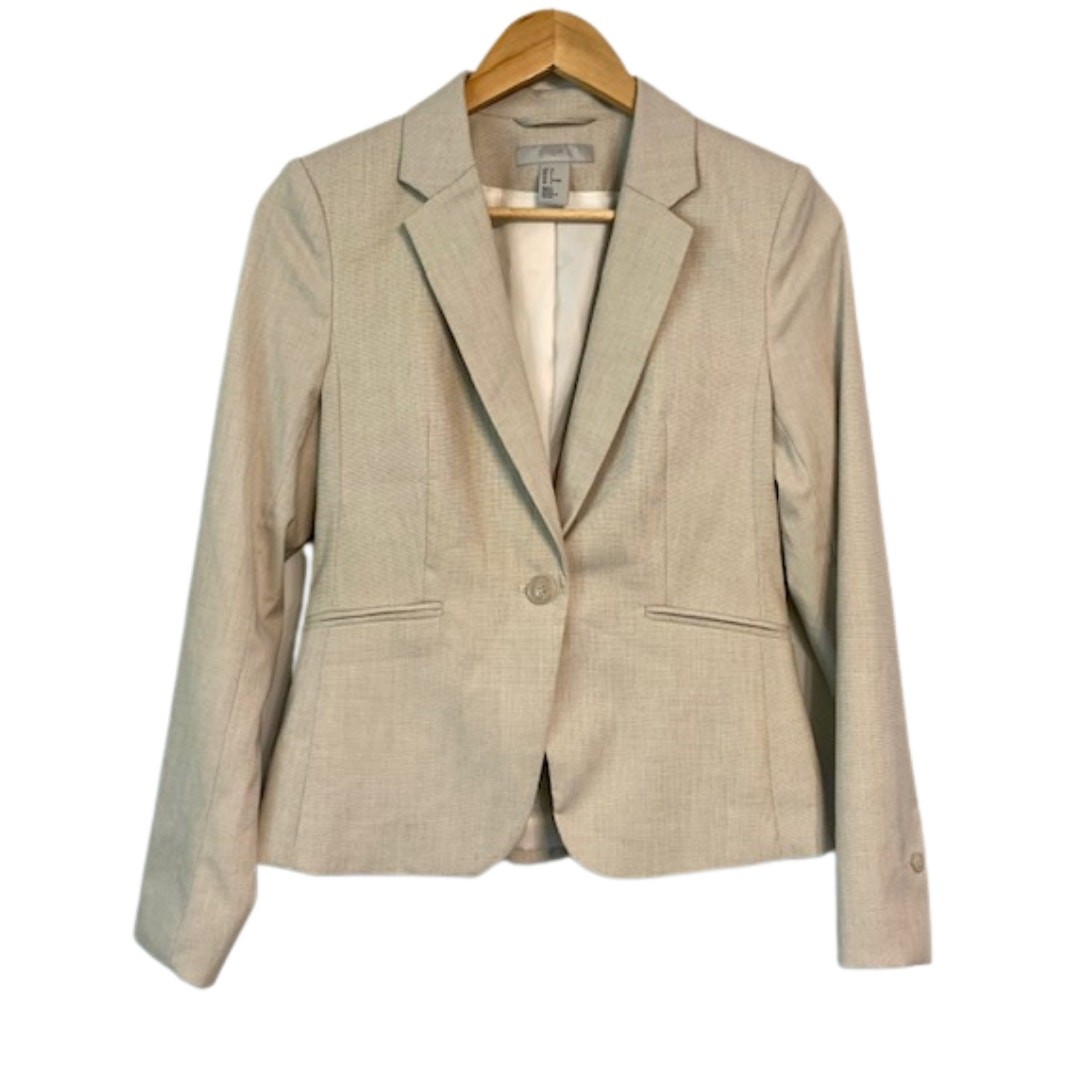 H&M Fitted Women Tan Woven Fabric Single Button Lined Jacket Blazer | 6