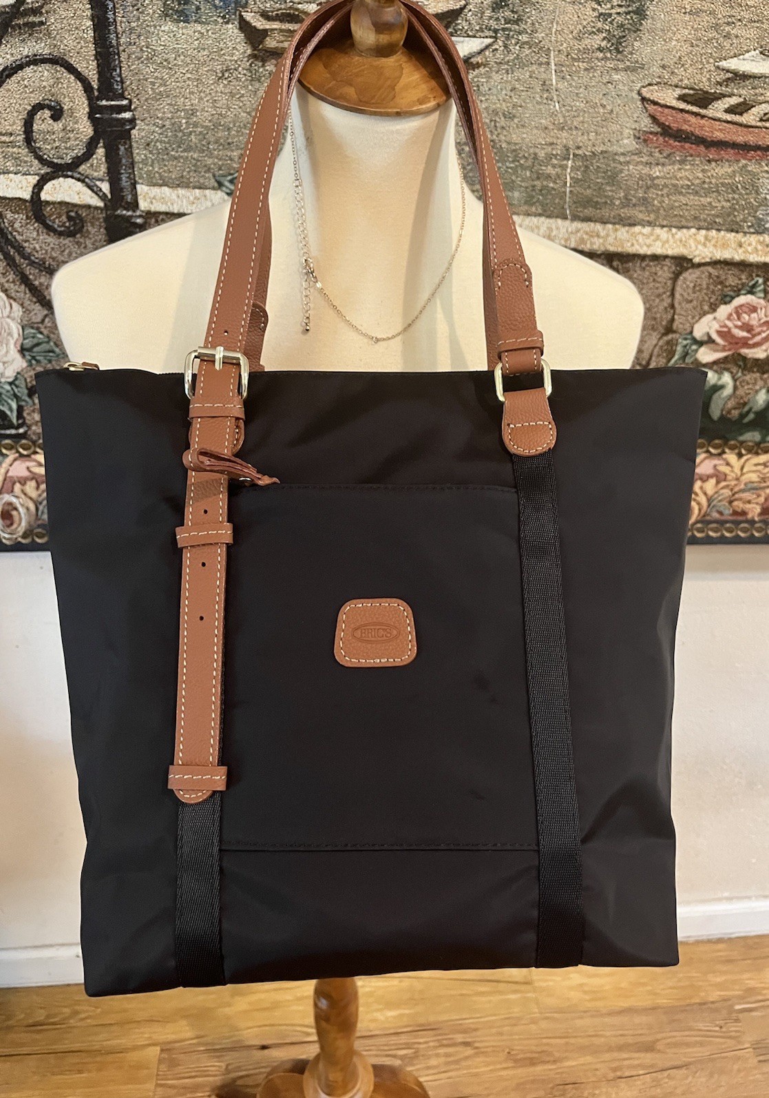 BRIC’S X-Bag Black Nylon Tote Bag Brown Leather Trim Shoulder Bag Travel NWOT