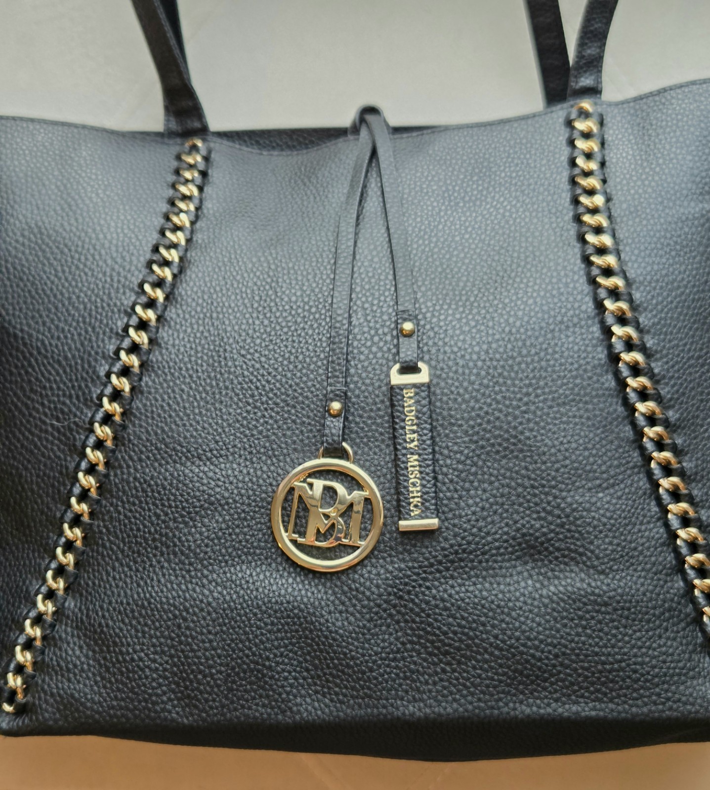 Badgley Mischka Black Vegan Leather Tote With Gold Chain And Logo Charm Details