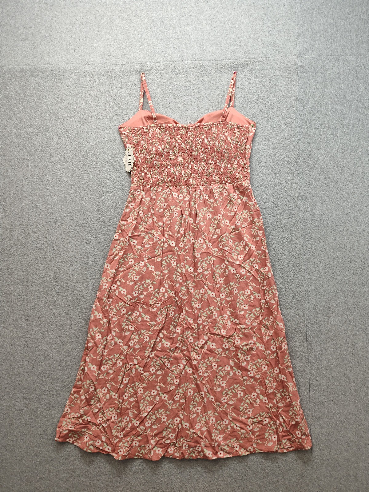 A U W Women Midi Dress L Coral Floral V Neck Adjustable Strap Button Up Summer