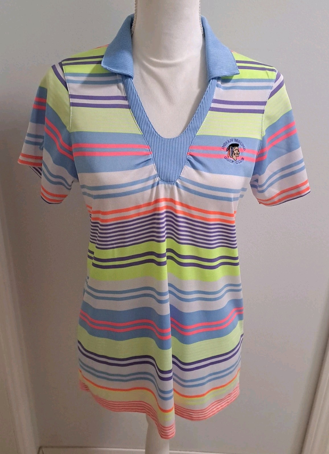 Antigua Polo Indian Mound Golf Shirt Women’s M Neon Yelow Blue Purple Stripe