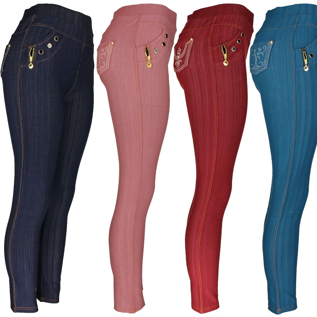 Women’s Stretch Jeggings, Denim Look Pants with Embroidered Pocket & Zipper Trim