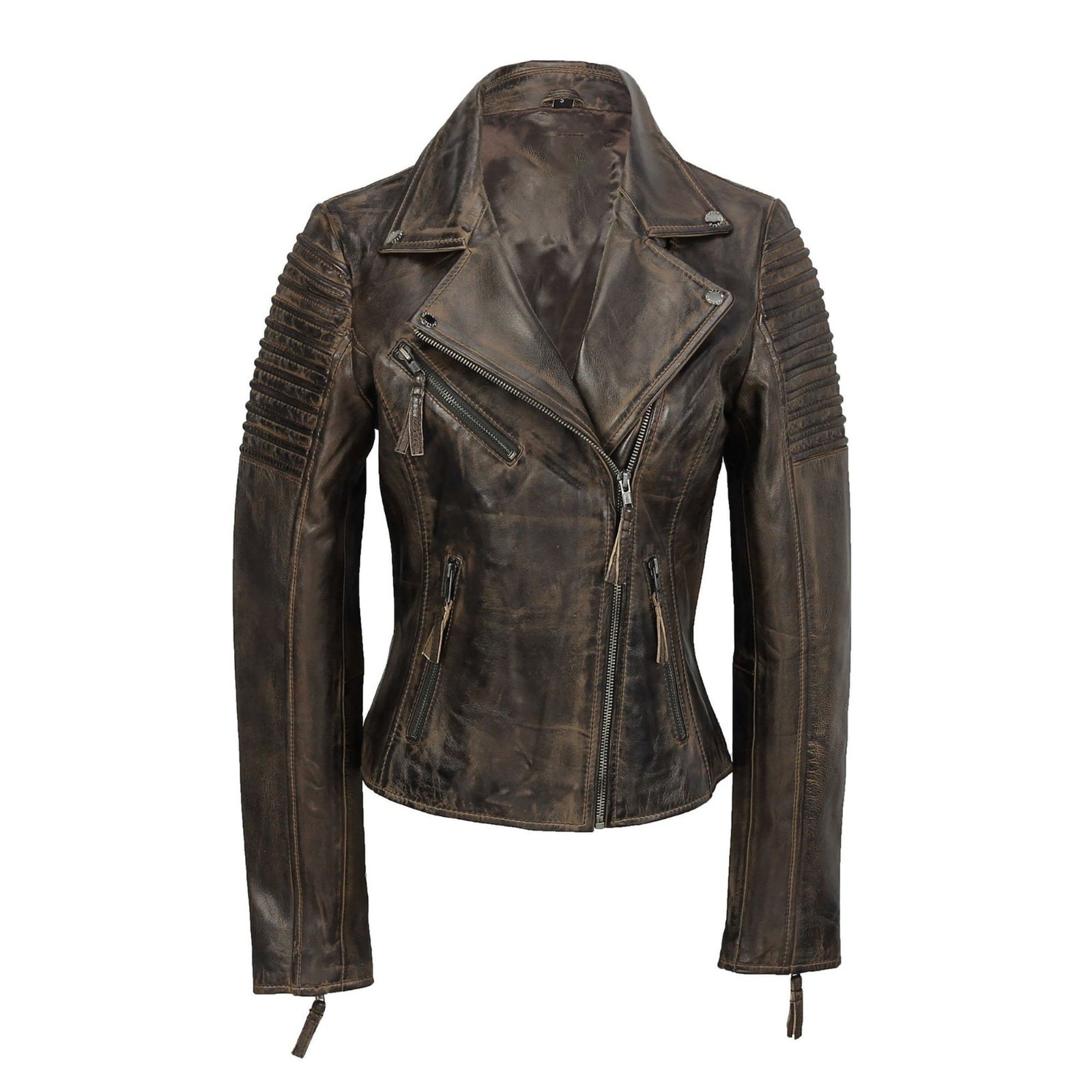 Women Real Leather Jacket Brown Distressed Biker Moto Ribbed Zip Motorcycle Coat
