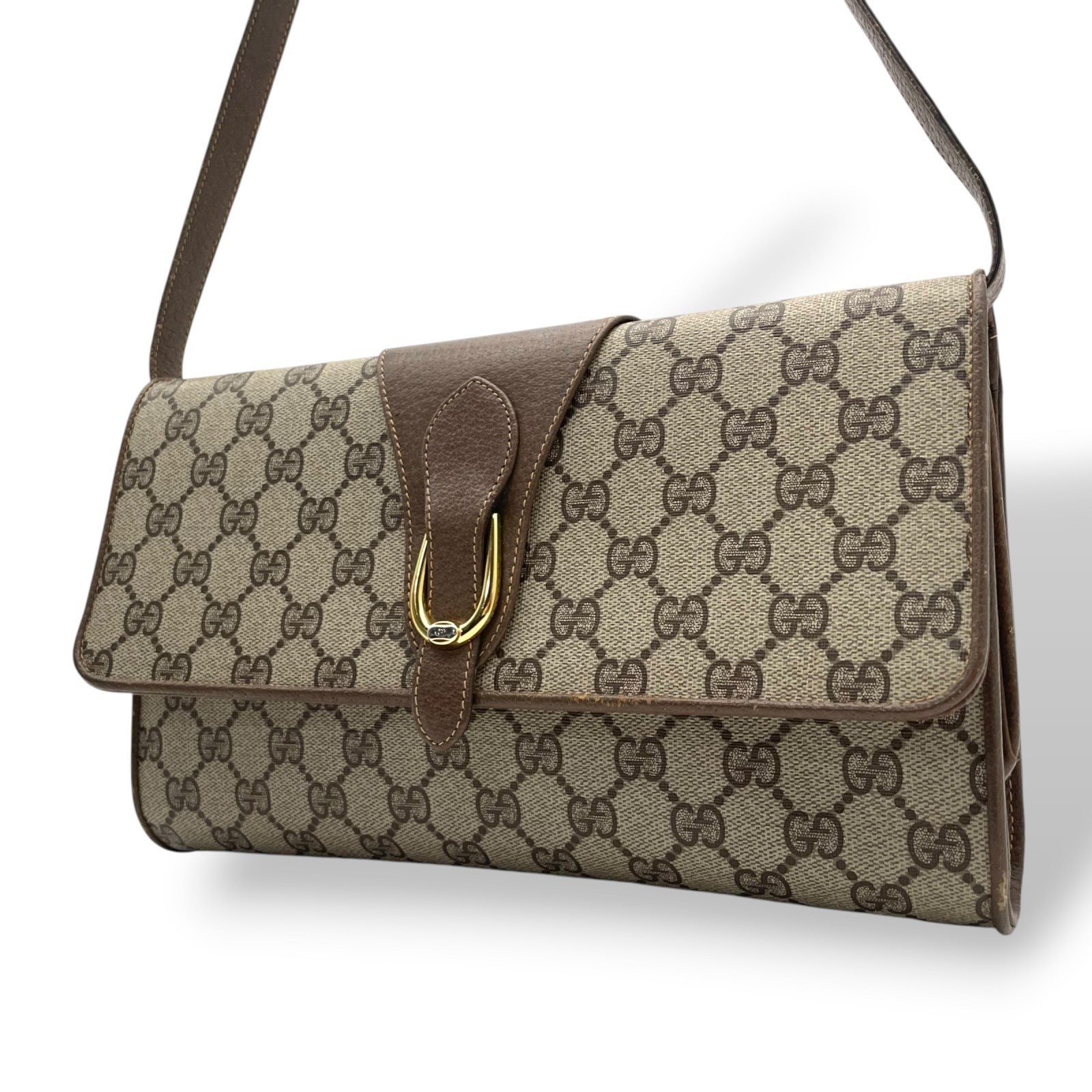 Authentic GUCCI GG Plus PVC Leather Shoulder Bag Messenger Grey Brown Gold
