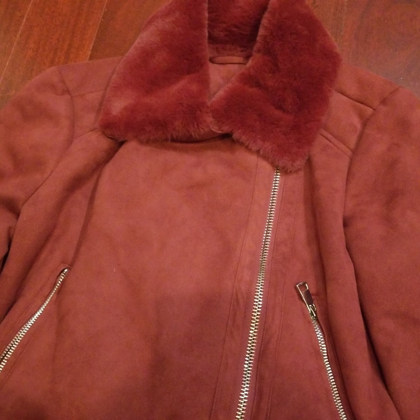 Womens Biker Faux Suede Maroon Red Moto Jacket Furry Lining PLEASE SEE DESCRIPTI