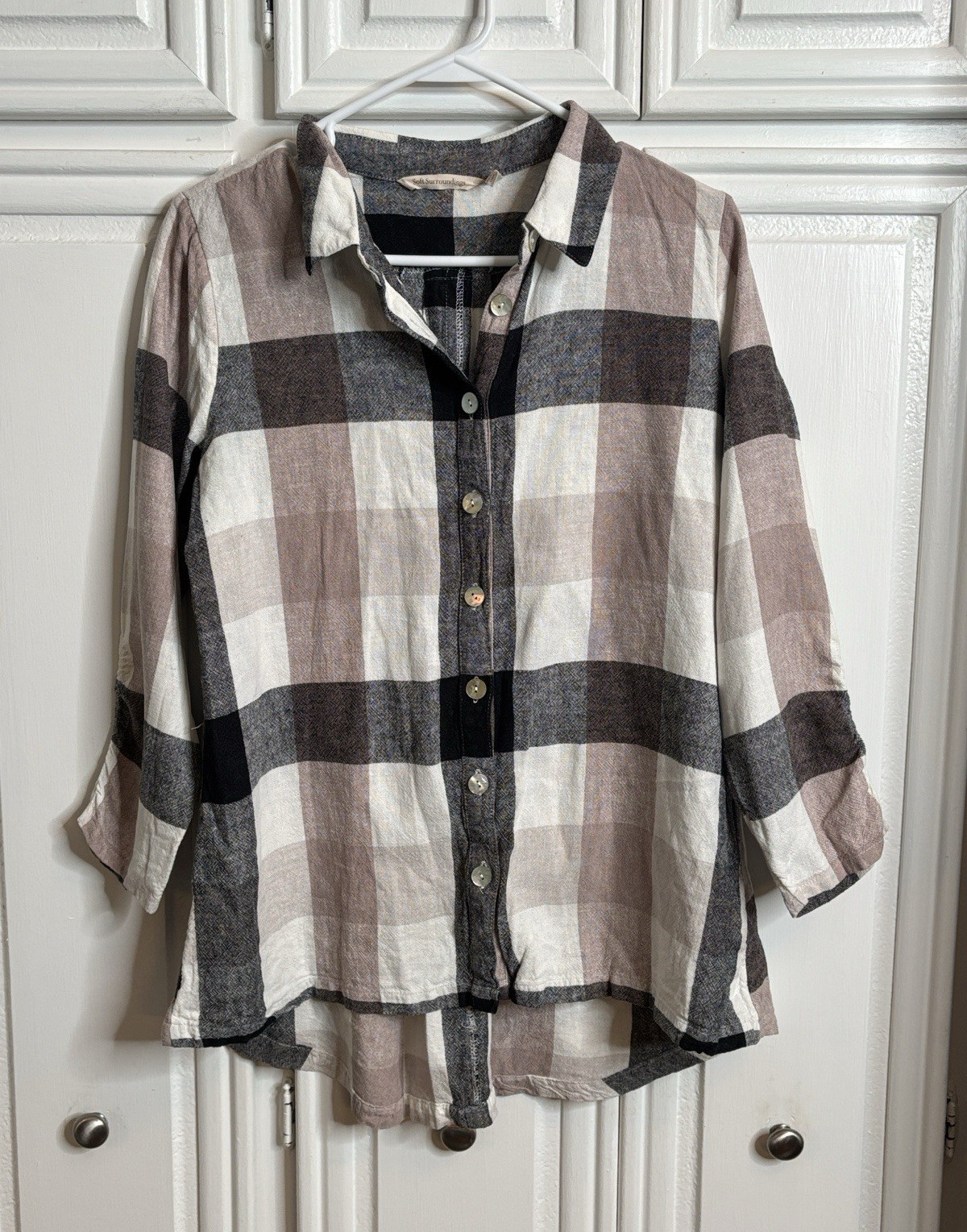 Soft Surroundings Women’s Plaid Collared 3/4 Sleeve Button Front Blouse M
