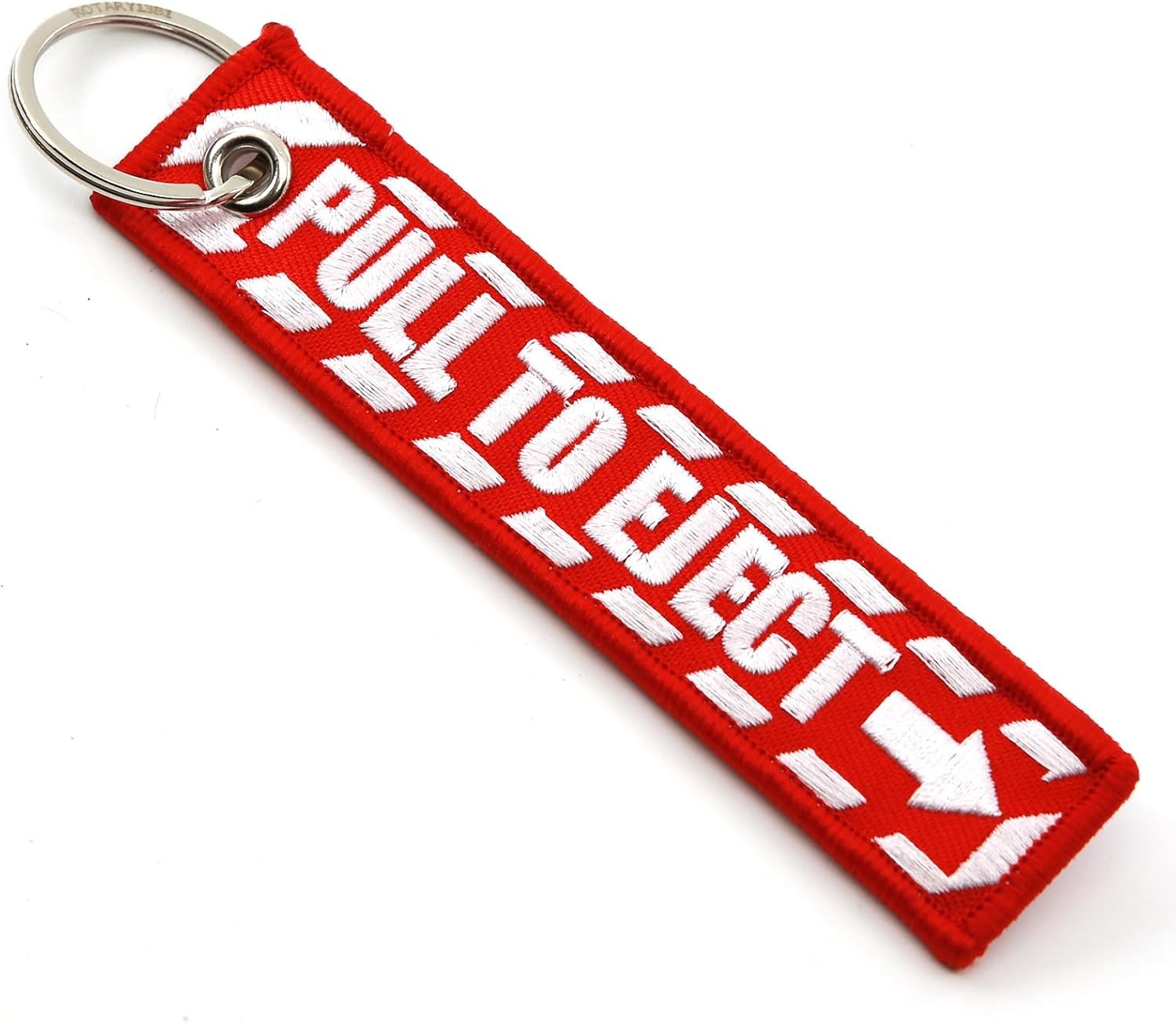 PULL TO EJECT Key Chain – Red with White embroidered letters – Quantity = 1