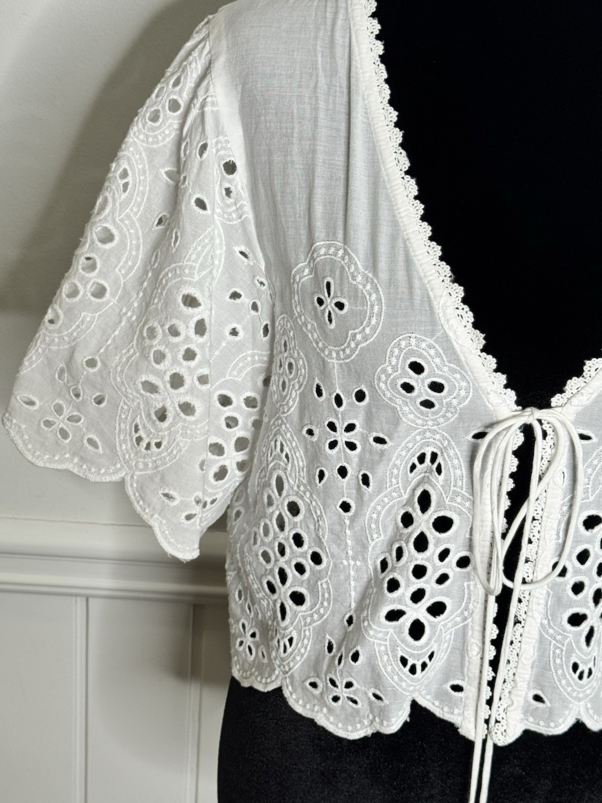 Anthropologie Maeve Top One Size White Eyelet Boho Cottagecore Tie Front Blouse