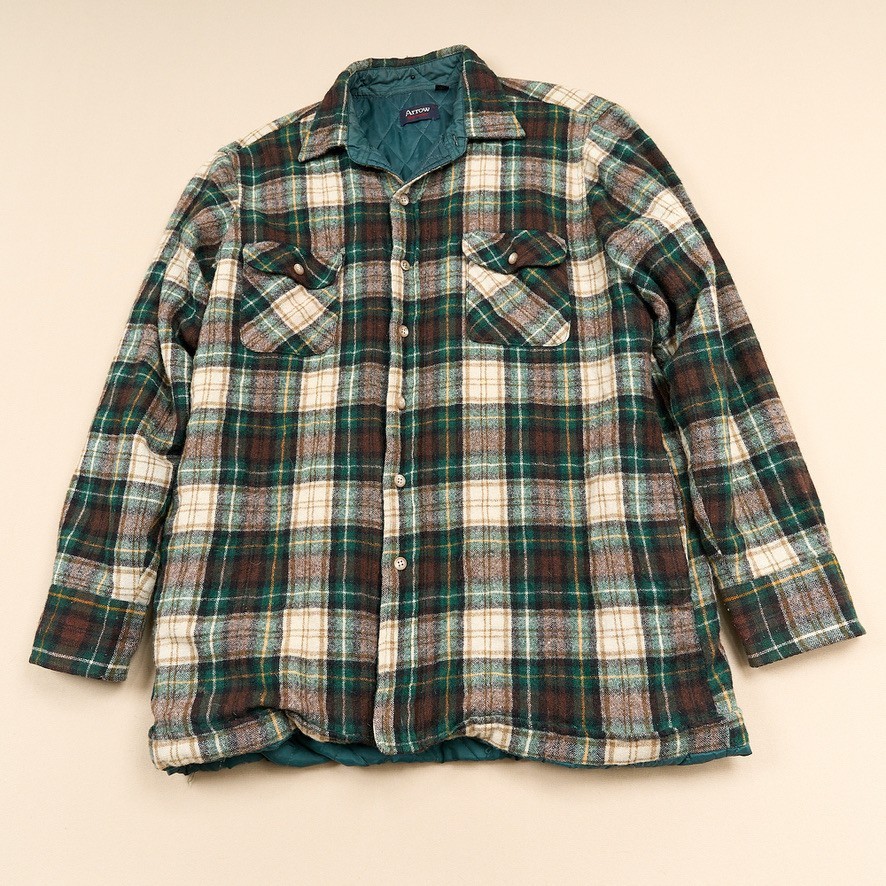 Arrow Sportswear Shacket Mens L Green Brown Plaid Lined Quilted Wool Vintage 70s