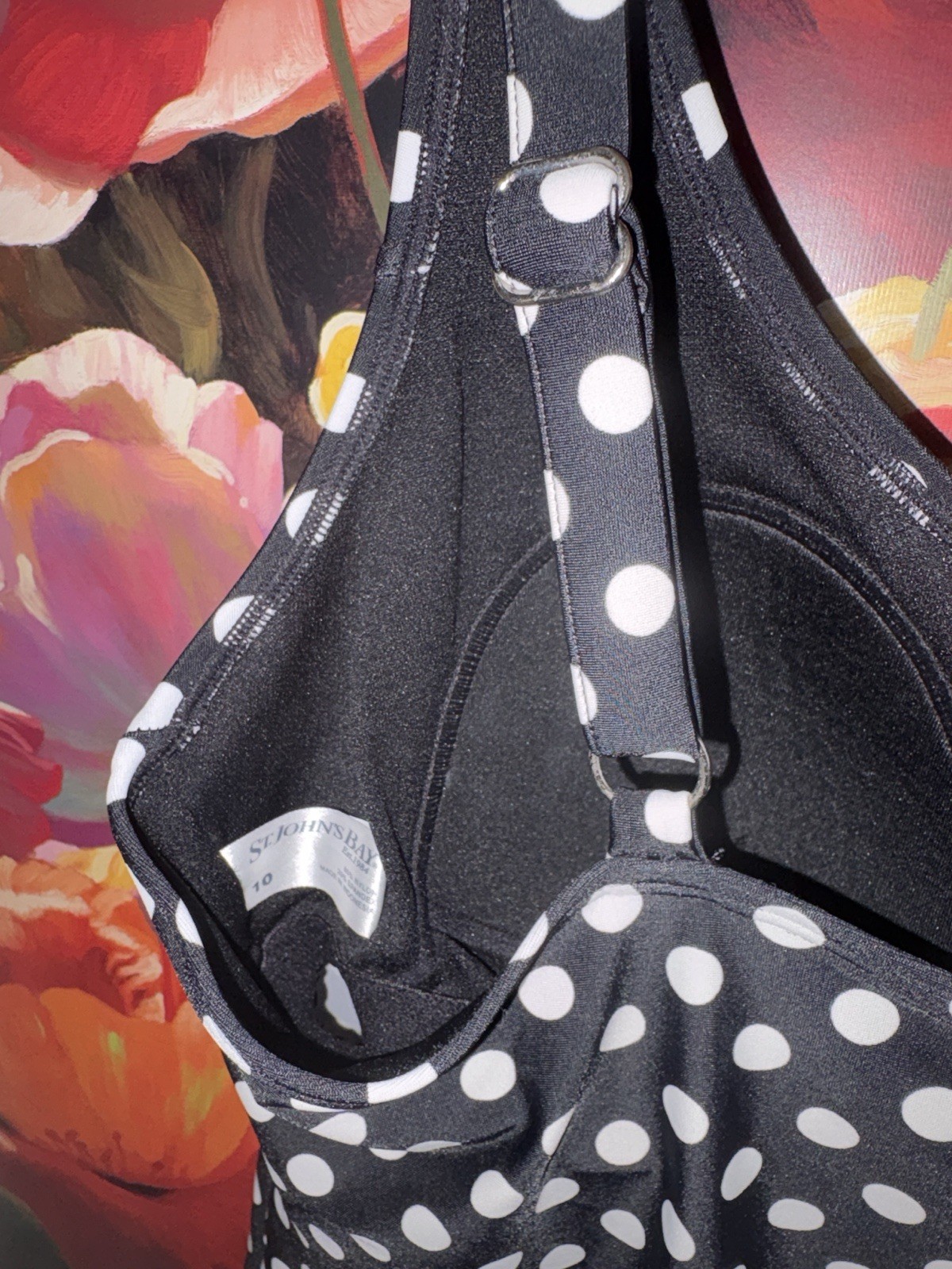 St. John’s Bay One Piece Swim Tank Top Black/White Polka Dot 10B