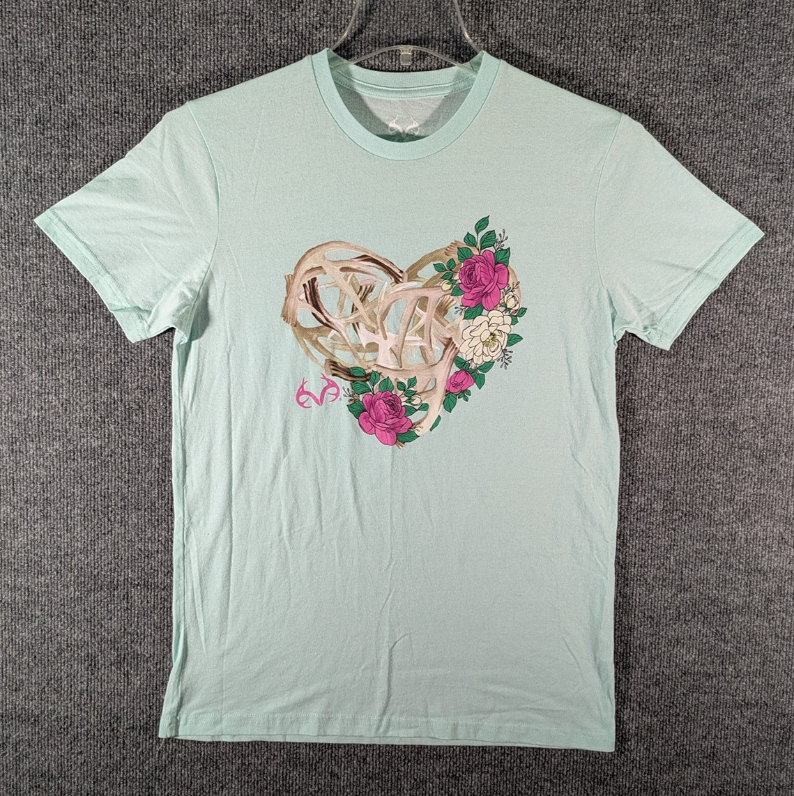 Real Tree T-Shirt Blue Graphic Print Floral Antlers Deer Hunting Womens Medium