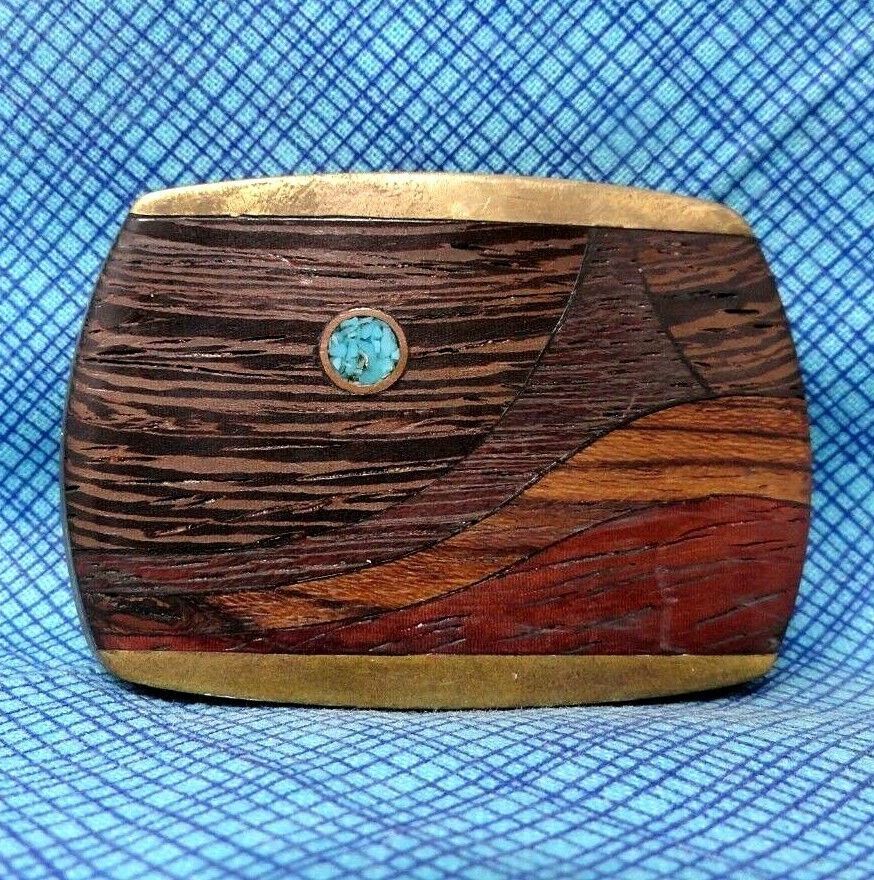 Exotic Wood Stone Brass Inlay Landscape Art Dress Belt Buckle Vtg 70’s DS.DBD473