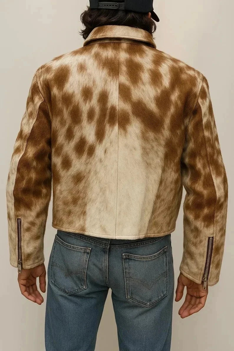 Handmade Cowhide Leather Western Jacket with Hair: Unisex Natural Brown &…