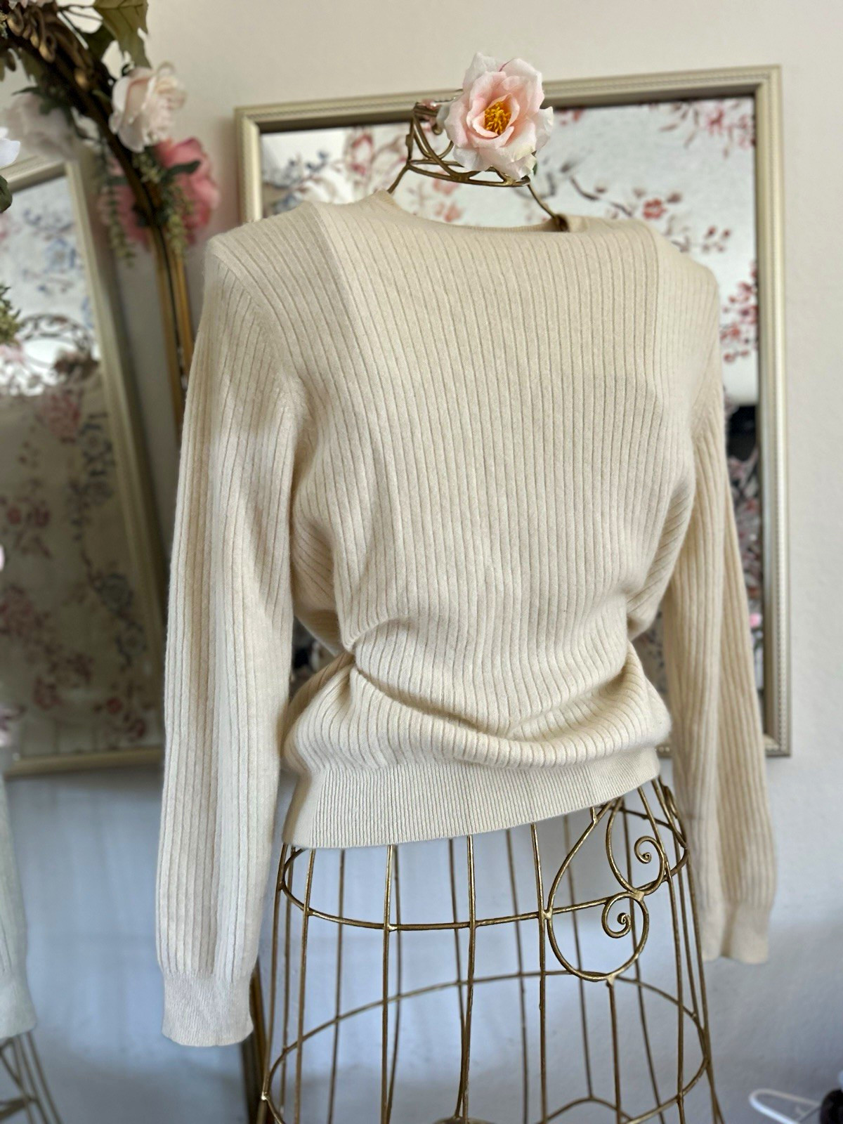 Tasso Elba Women’s 100% Cashmere Ivory Rib-Knit Crew Neck Pullover Sweater M