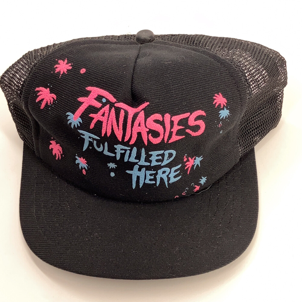 Fantasies Fulfilled Here retro snapback hat black neon pink blue screen printing