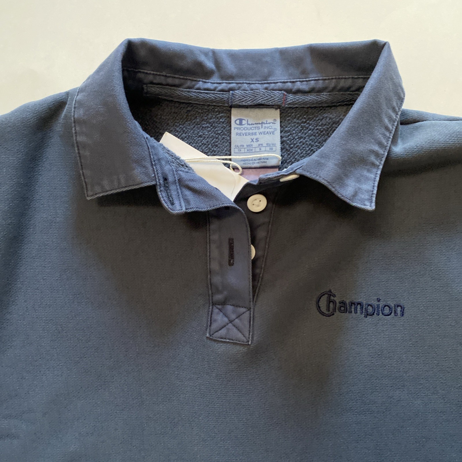 CHAMPION Blue Collared Crop Top Polo Shirt Long Sleeve Preppy Oversized size XS