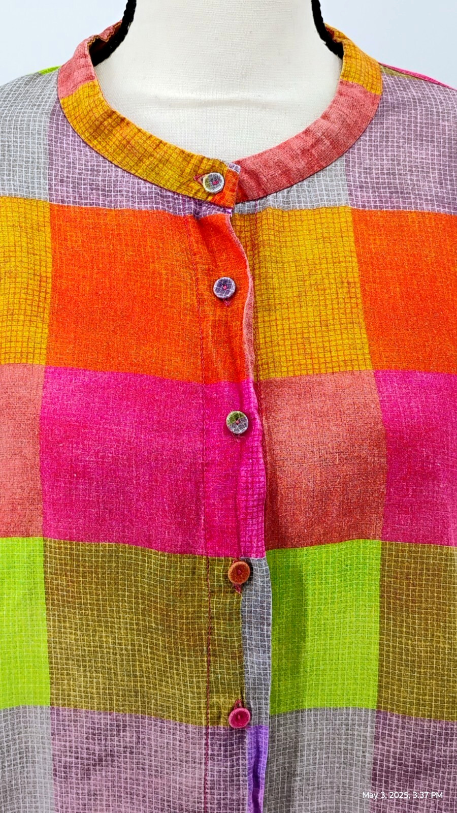 Buykud Irregular Plaid 100% Ramie Button Blouse Shirt Colorful Long Sleeve XL