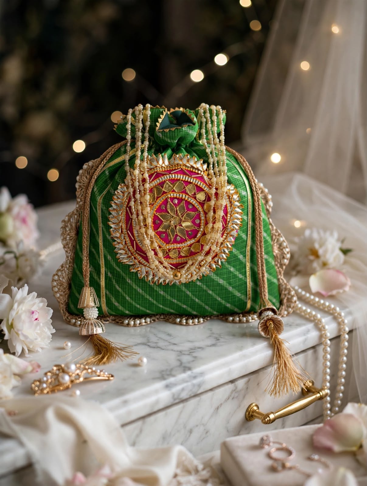 Indian Green Leheriya Gotta Handwork Flower with Pearl Lace and Handle Potli Bag