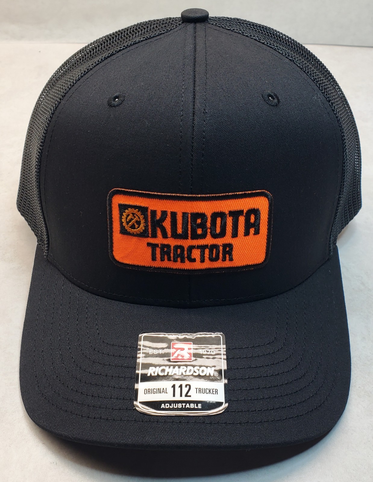 Kubota Tractor Emb. Patch on Richardson 112 Trucker Hat Snapback Black/Black