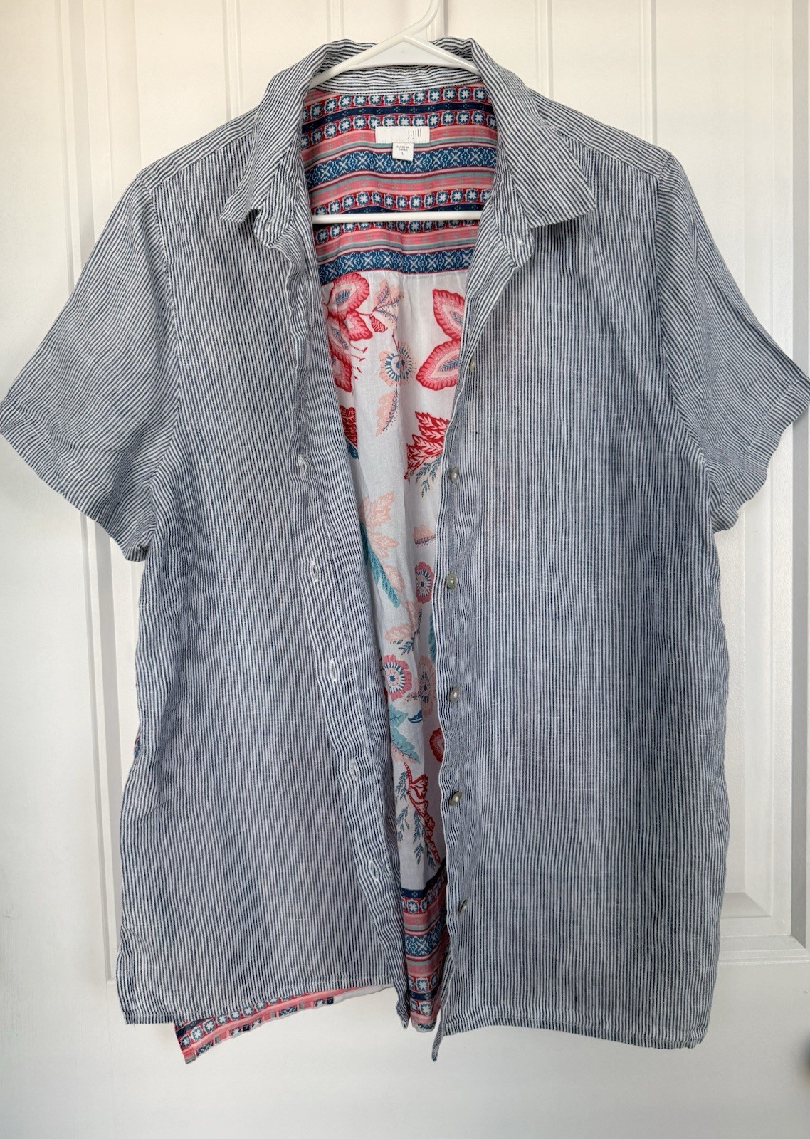 100% linen front,100% cotton back Blue Stripe Shirt with Floral, coastal, preppy