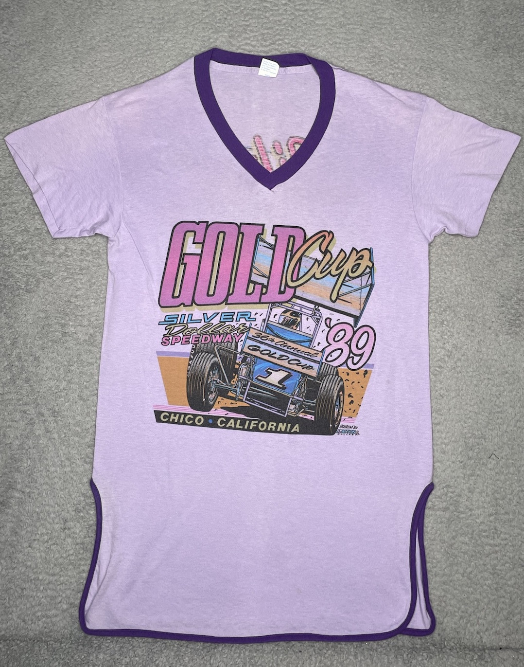 Vintage 80s Gold Cup Sliver Speedway Tshirt One Size Fit All Car Racing USA Made