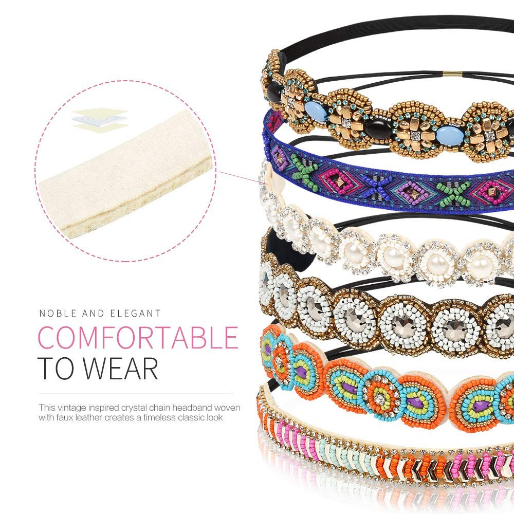6-Piece Vintage Rhinestone Beaded Headbands for Girls – Multicolor