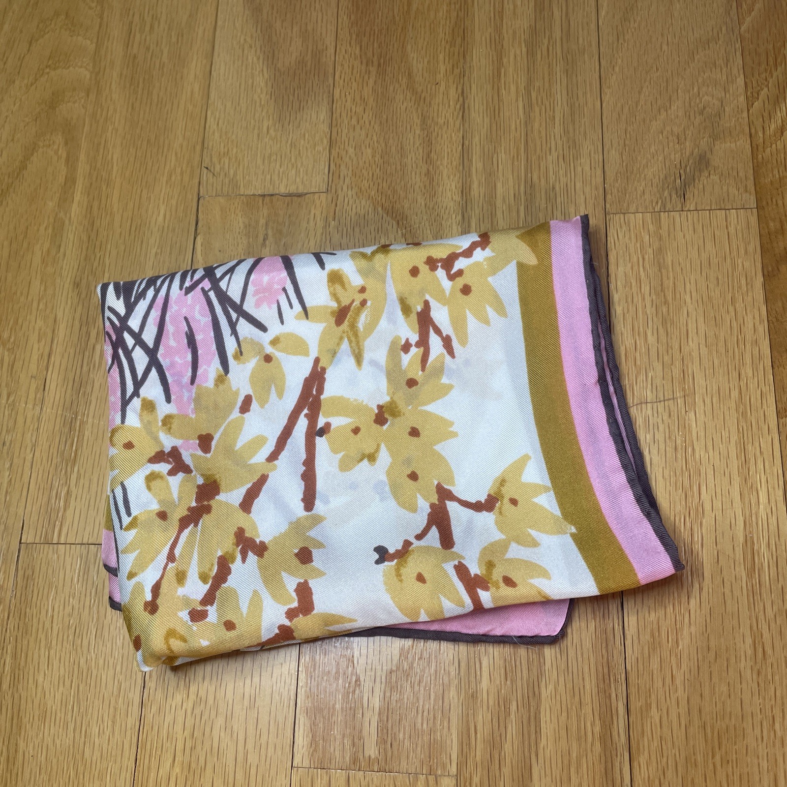 VERA All Silk Japan Hand Crafted PINK Tan NECKERCHIEF SILK SCARF
