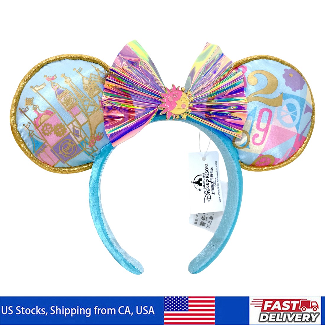 Disney-Park Light Blue Minnie Mouse Ear Headband with Iridescent Holographic Bow