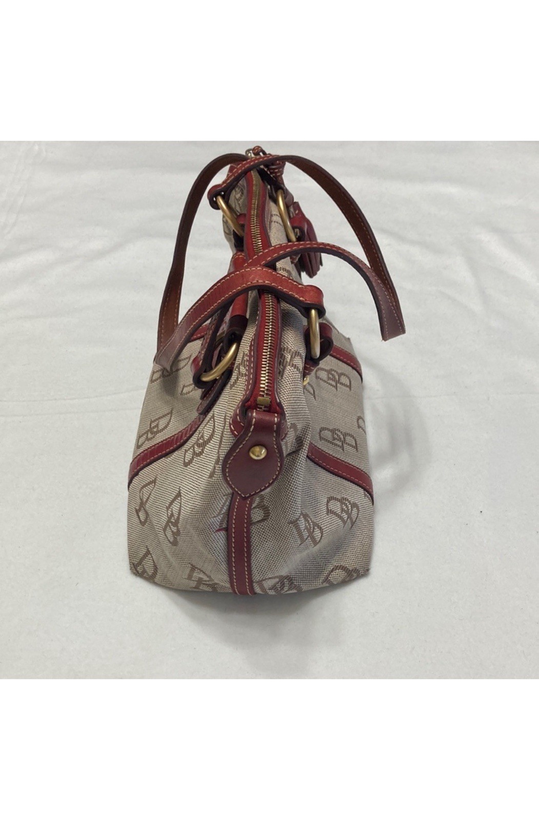 Dooney & Bourke Monogram Satchel Top Handle Zip Tassel Red Lined Gold