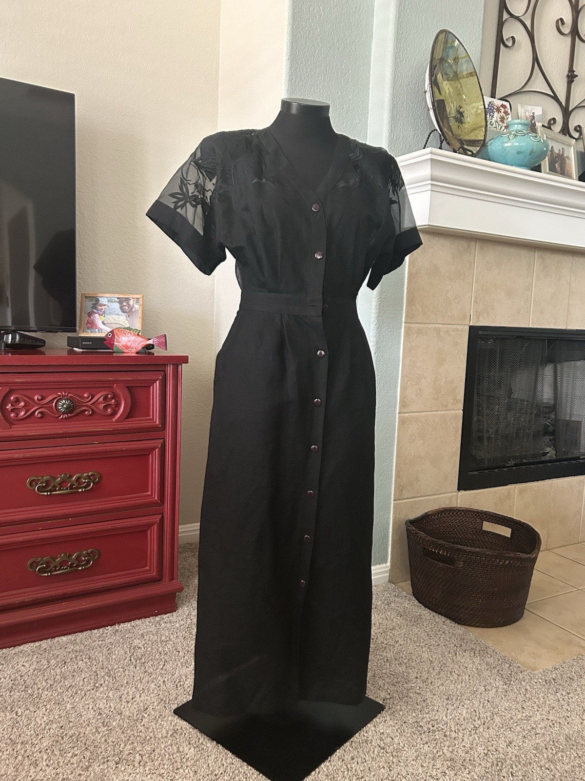 Maritza Classic Black Button Front Maxi Dress With Sheer Embroidered Sleeves.