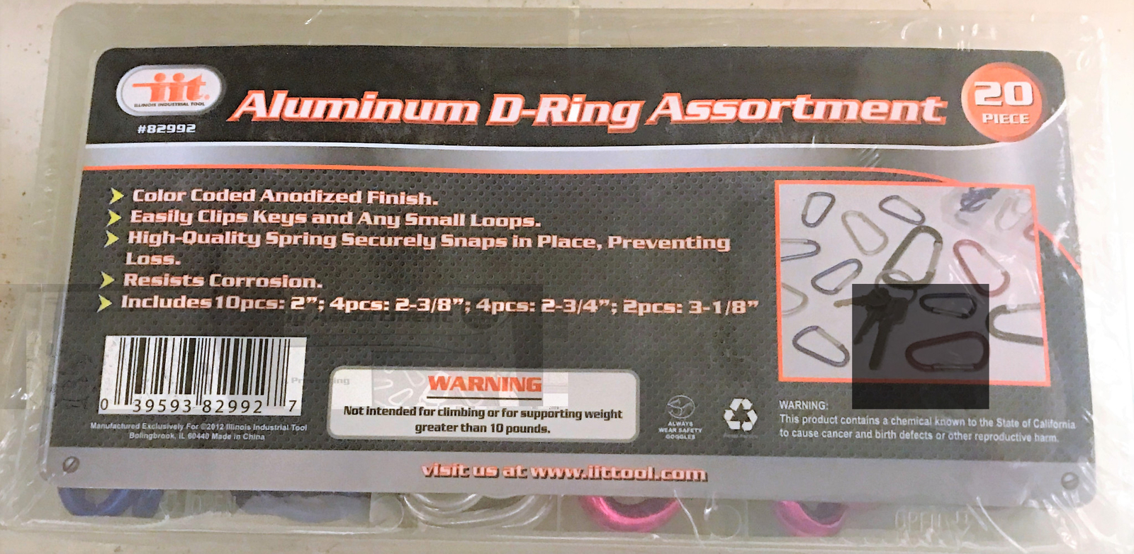 IIT 20pc Aluminum D Rings Clips Key Clip Ring Holder 4 Colors & Sizes 82992
