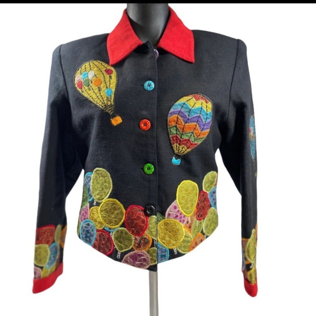 Vintage Anage Black Hot Air Balloons Button Down Jacket Sequins Patchwork 80s S