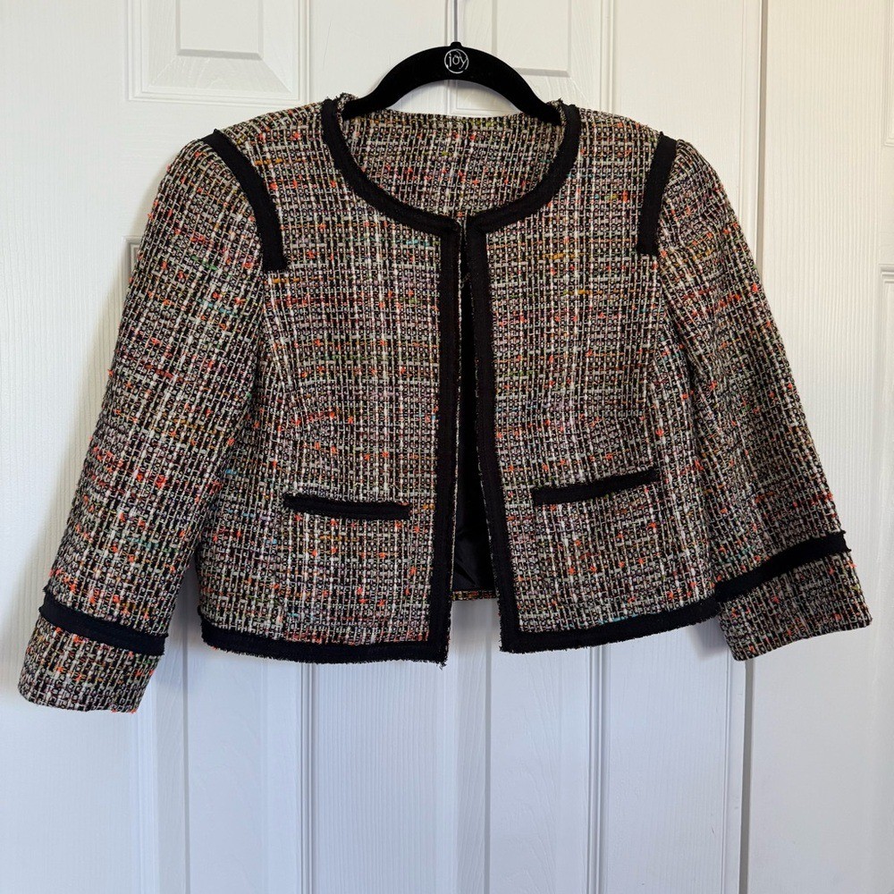 Trina Turk Multicolor Tweed Black Trim Cropped Career Blazer Jacket Womens 0 EUC