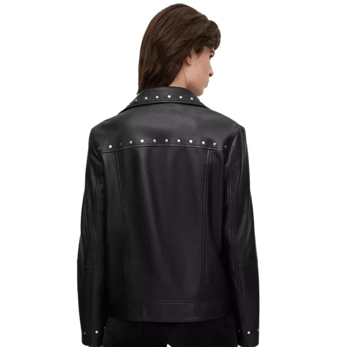 Black Leather Biker Jacket with Asymmetrical Zip & Snap Collar