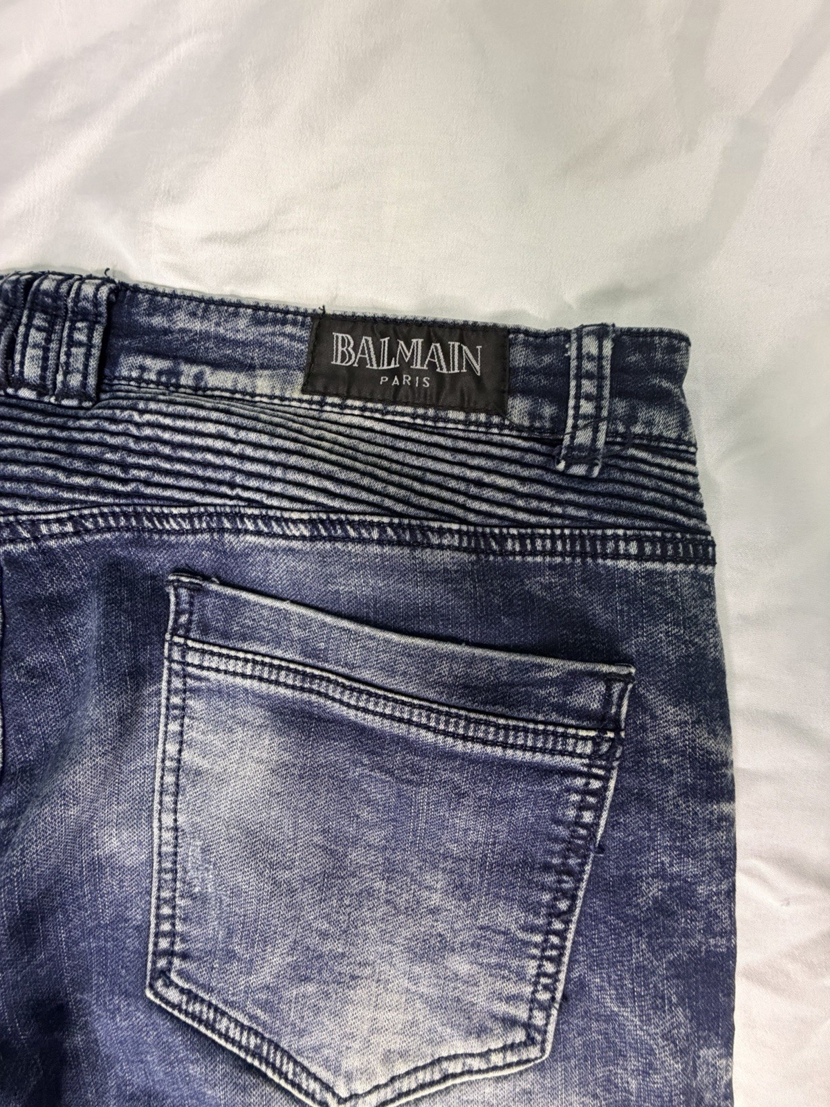Balmain Paris Men’s Blue/Black Distressed Slim Tapered Biker Denim Jeans