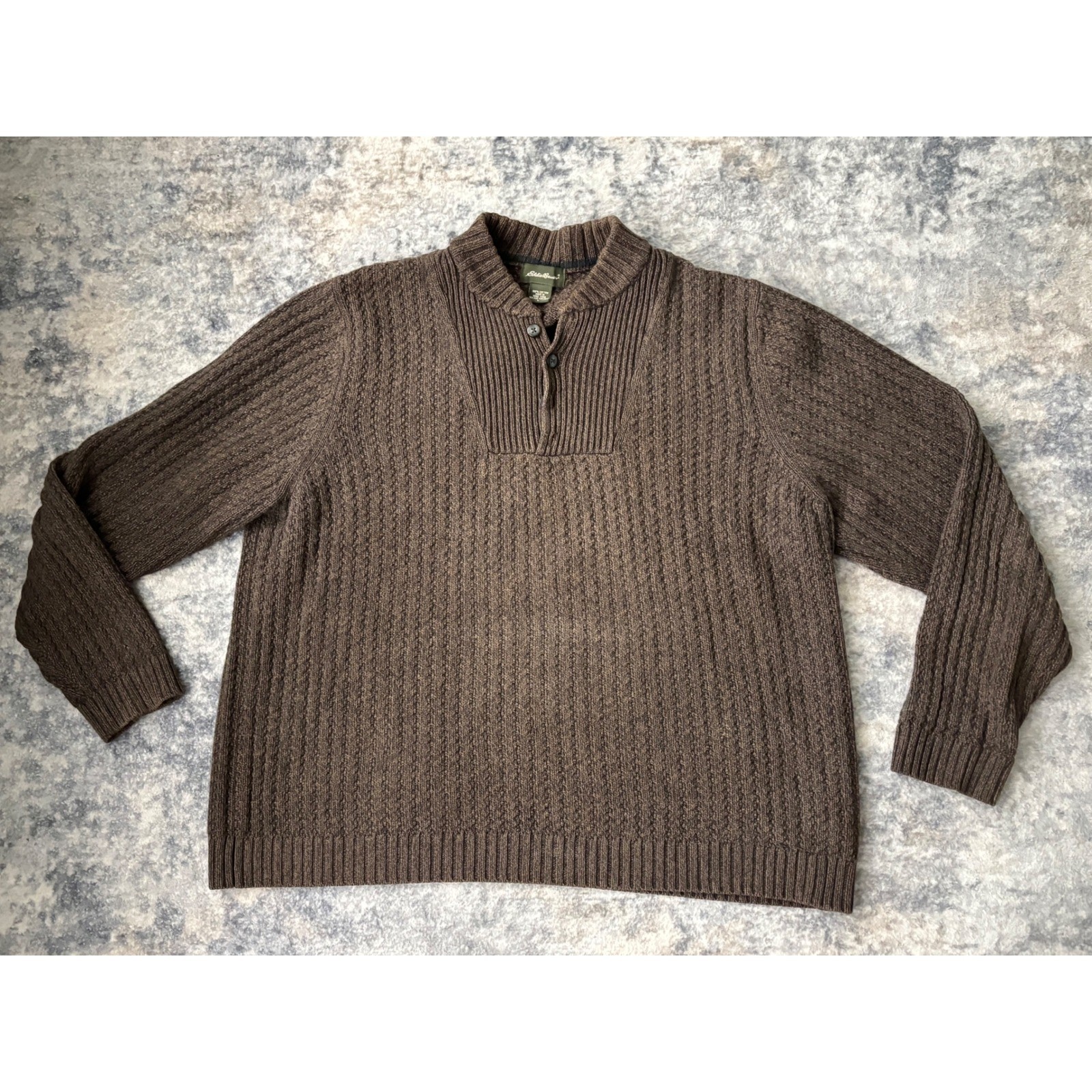Vtg Eddie Bauer Fisherman Henley Sweater Mens L Brown Chunky Cable Knit Cotton