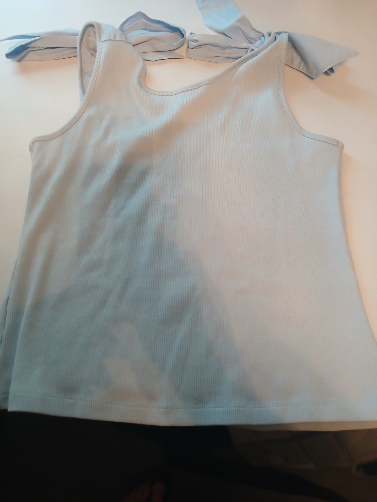 French Connection Women’s Blue Ribbed Knit Bow Strap Scoop Neck Tank Top L